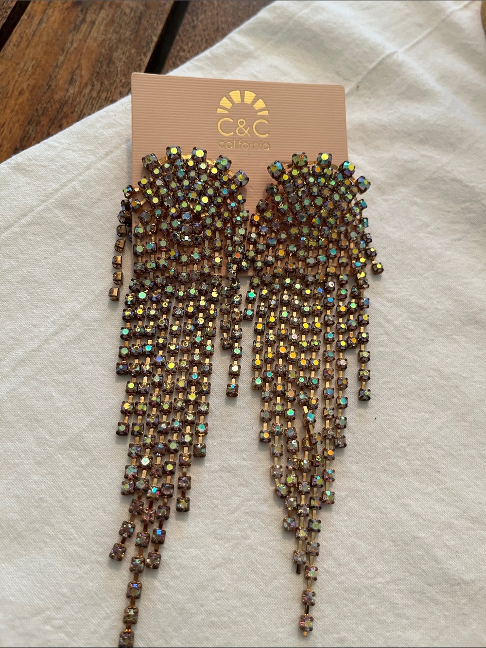 C.C Gold Iridescent Fringe Crystal Drop Earrings